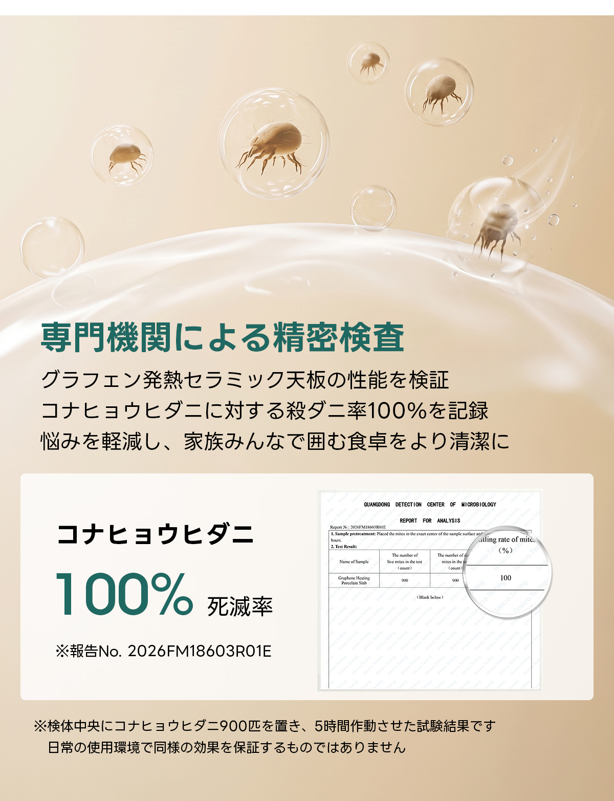 Warm Living グラフェン遠赤外線セラミックこたつテーブル｜ムラなくじんわり温まる省エネ設計、家族で使える温度調節付き＆殺菌仕様で安心 | 陽だまりのような心地よさを実現専門機関による精密検査グラフェン発熱セラミック天板の性能を検証コナヒョウヒダニに対する殺ダニ率100%を記録悩みを軽減し、家族みんなで囲む食卓をより清潔にGUANGDONG DETECTION CENTER OF MICROBIOLOGYREPORT FOR ANALYSISコナヒョウヒダニRepon:2026FMI8603ROIE1.Sample pretreatmnt:Placod the mites in the ex of the samplesufaceanling rate of mite(%)The number ofThe number of dName of Samplelive mites in the testmites in the(coumt)100%o90900100死滅率(Bnk belw)※報告No. 2026FM18603RO1E※検体中央にコナヒョウヒダニ900匹を置き、5時間作動させた試験結果です