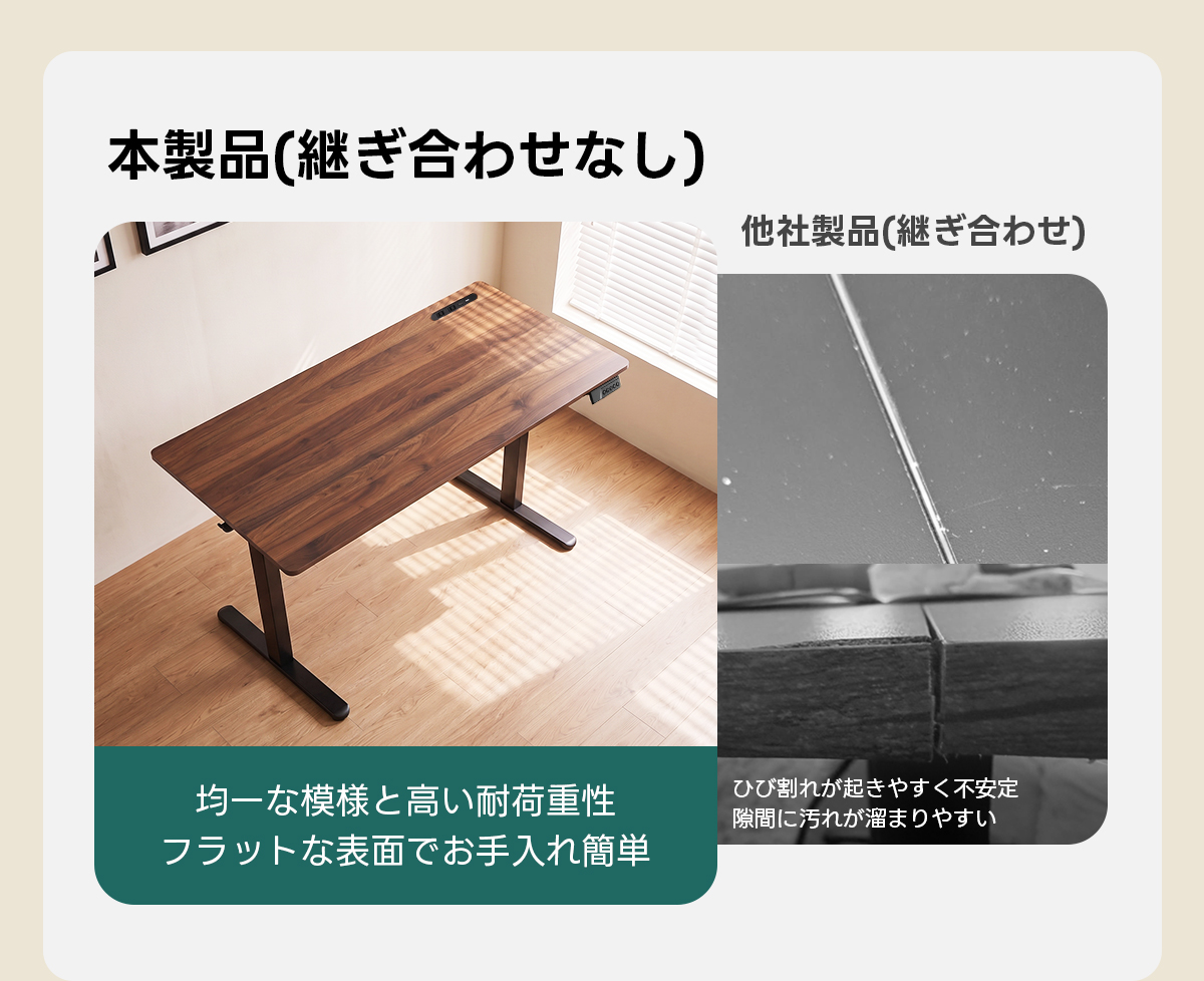 AXISU アクシスモダンデザイン電動昇降デスク｜便利なフック・コンセント・USB・Type-C対応で高さ調節可能なメモリー機能搭載ワークデスク | スタイリッシュな電動昇降機能搭載テーブル本製品（継ぎ合わせなし）他社製品（継ぎ合わせ）均一な模様と高い耐荷重性ひび割れが起きやすく不安定隙間に汚れが溜まりやすいフラットな表面でお手入れ簡単