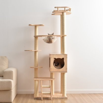 キャットタワー 木製 展望台 宇宙船付き おもちゃ付き 機能満載 爪とぎ 頑丈 新作】キャットタワー 木製 天然木 据え置き 宇宙船付き 猫