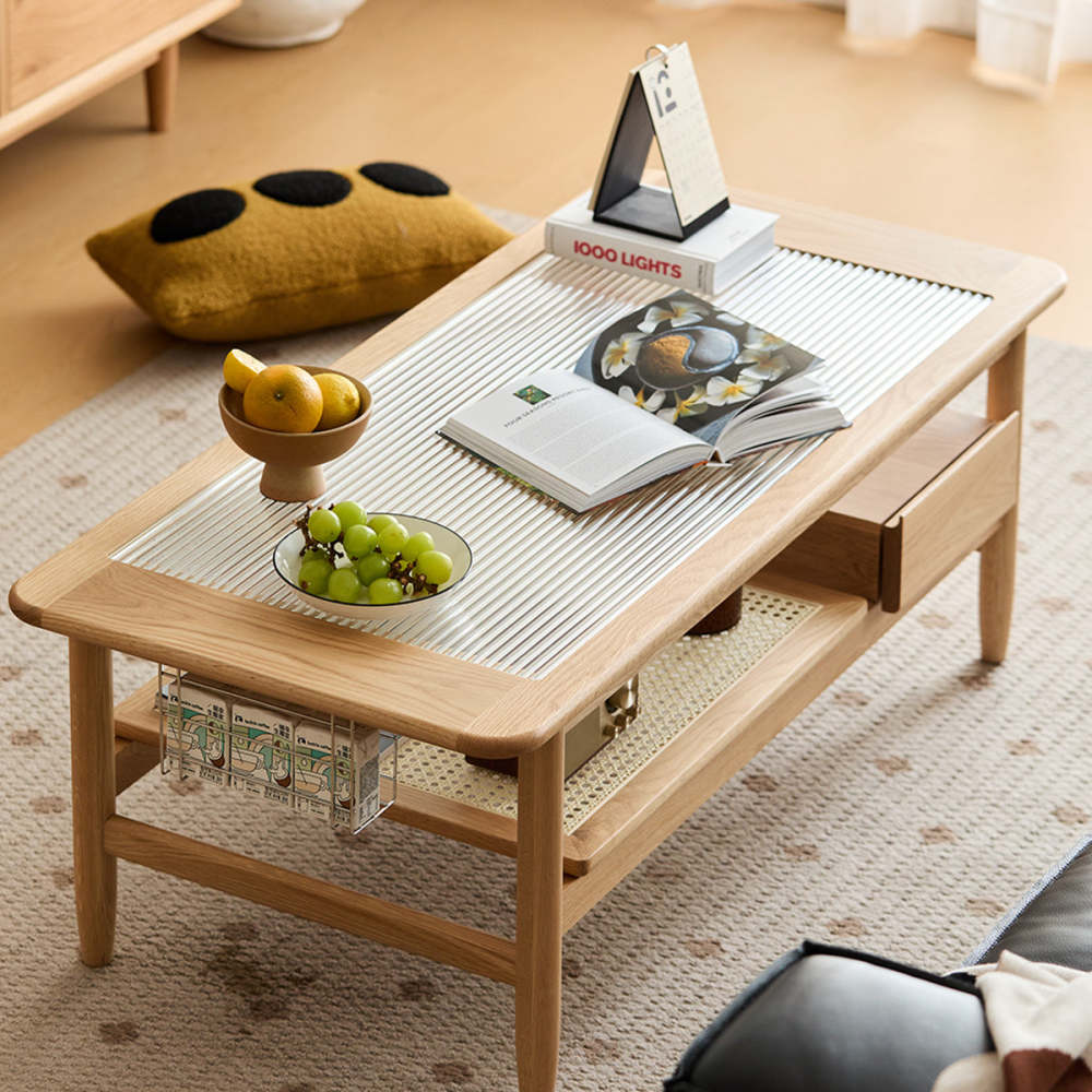 Woody Prime Oak モールガラスラタンセンターテーブル【高級天然