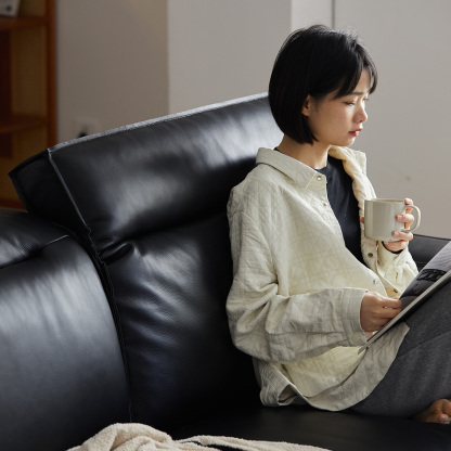 ステンレス脚本革ブラッククッションソファ【カスタマイズ可】