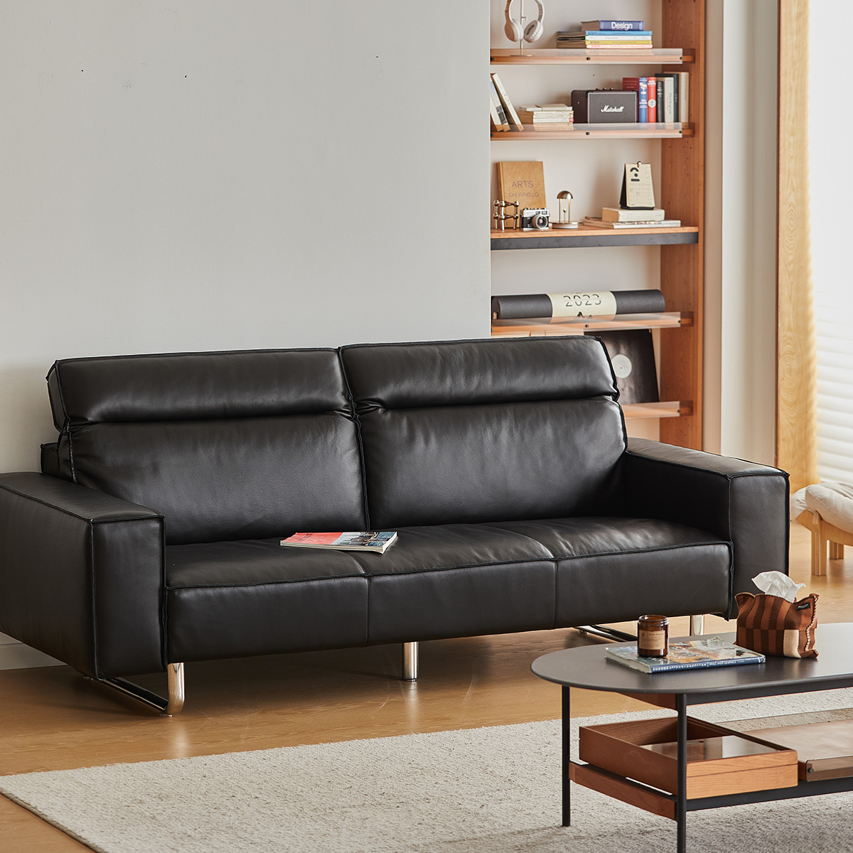 ステンレス脚本革ブラッククッションソファ【カスタマイズ可】 – CAGUUU