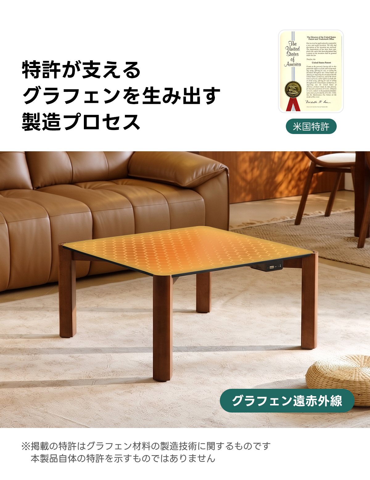 Warm Living グラフェン遠赤外線セラミックこたつテーブル｜ムラなくじんわり温まる省エネ設計、家族で使える温度調節付き＆殺菌仕様で安心 | 陽だまりのような心地よさを実現nitedStates特許が支えるAmexicaグラフェンを生み出す製造プロセス米国特許グラフェン遠赤外線※掲載の特許はグラフェン材料の製造技術に関するものです本製品自体の特許を示すものではありません