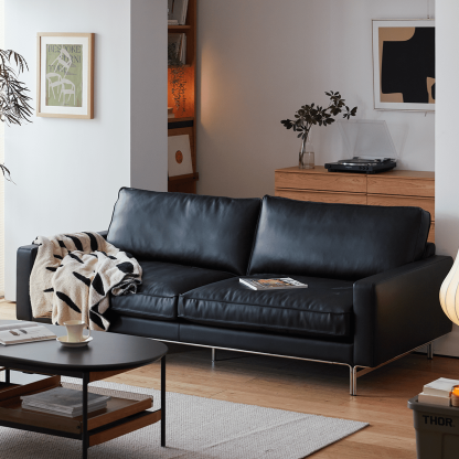 ヴィンテージ風本革ブラッククッションソファ【カスタマイズ可】