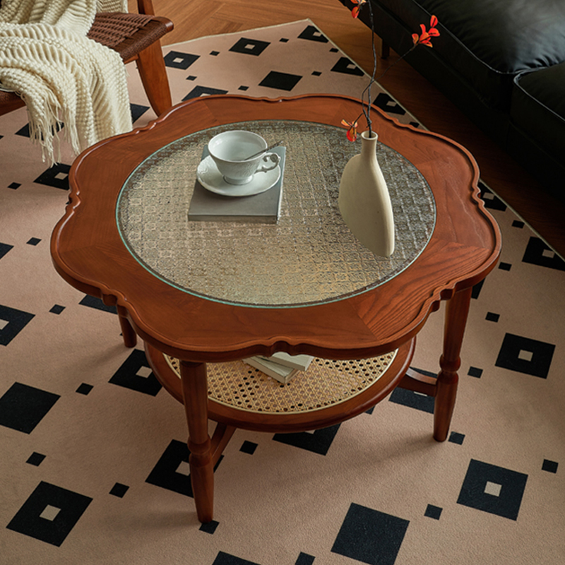 花柄インレイの木製円形テーブル フラワーローテーブル | 花形デザインと収納性を兼ね備えた