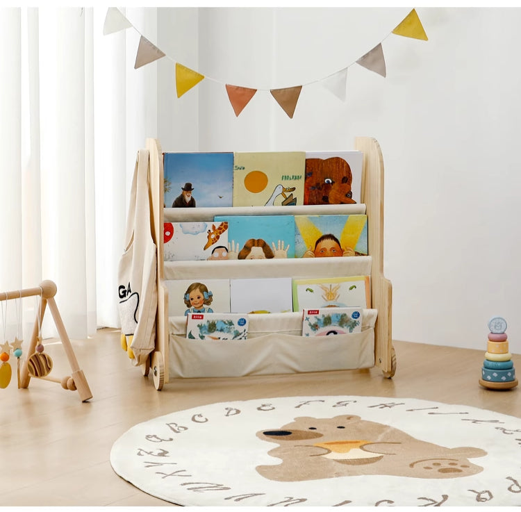 天然木のキャンバス絵本ラック | 子供部屋に最適な安全設計と