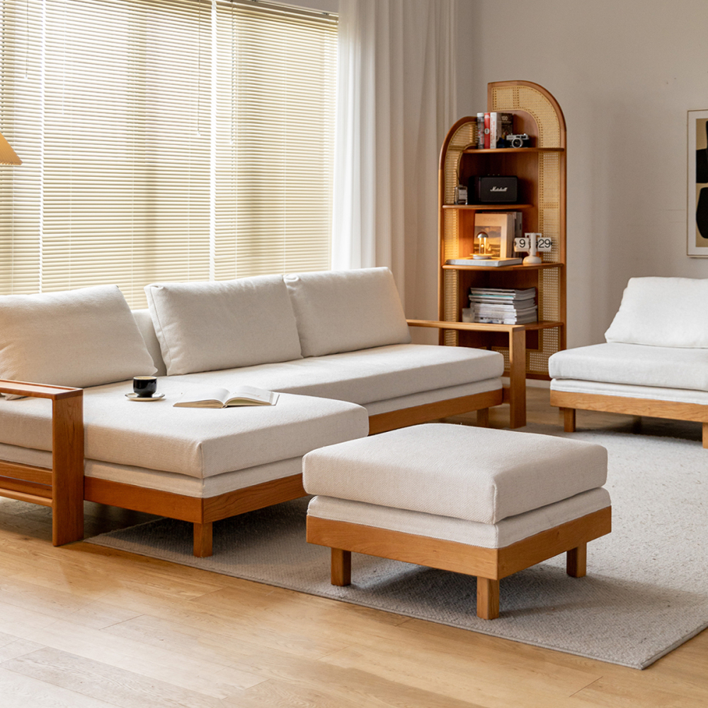 Woody Prime Cherry カスタマイズできて洗えるリネン生地スクエアウッドフレームソファ【高級天然チェリー材】