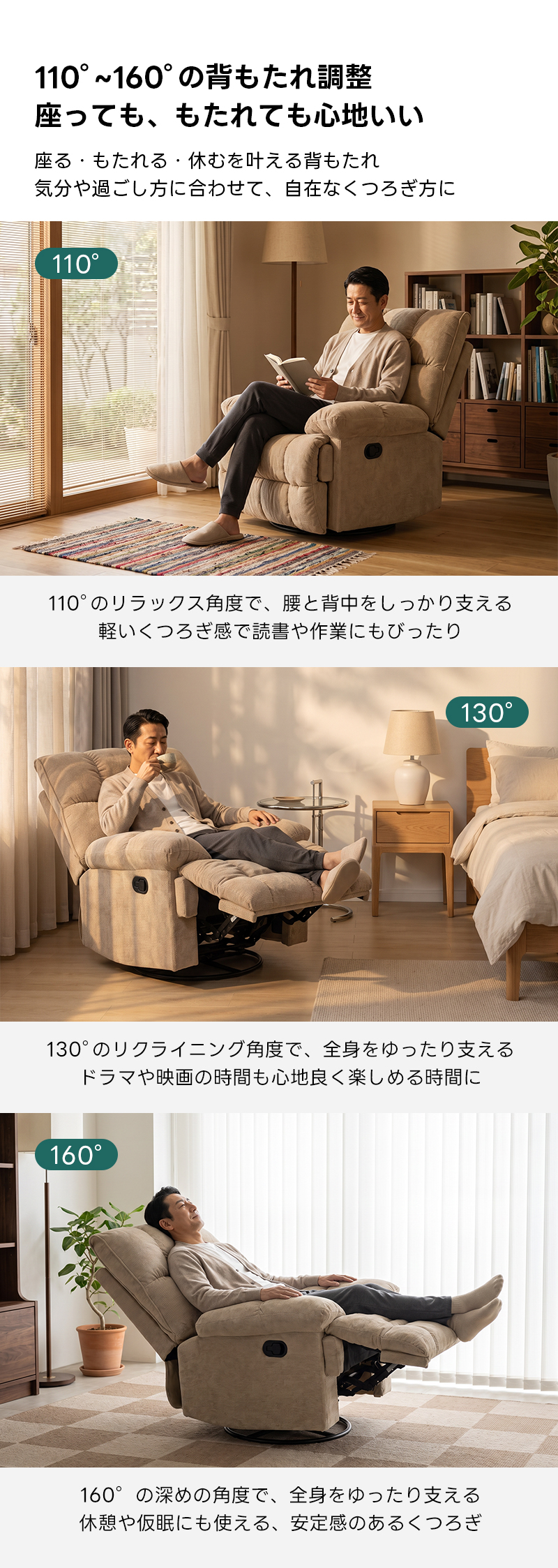 ゆったりワイドリクライニングソファ｜360&deg;回転とロッキング機能を備えたワイド座面のリクライニングソファ | 快適さと機能性を両立した多機能ソファ110&deg;~160&deg;の背もたれ調整座っても、もたれても心地いい座る・もたれる・休むを叶える背もたれ気分や過ごし方に合わせて、自在なくつろぎ方に110&deg;110&deg;のリラックス角度で、腰と背中をしっかり支える軽いくつろぎ感で読書や作業にもびったり130&deg;130&deg;のリクライニング角度で、全身をゆったり支えるドラマや映画の時間も心地良く楽しめる時間に160&deg;160&deg;の深めの角度で、全身をゆったり支える休憩や仮眠にも使える、安定感のあるくつろぎ