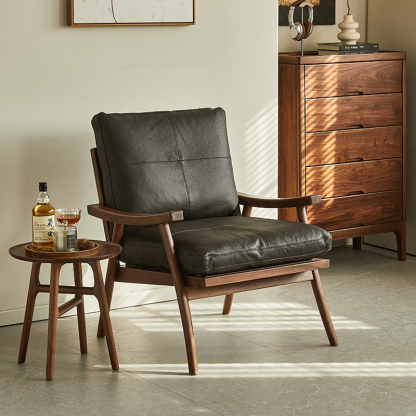 ブラックウォールナット材 ブラックレザーソファチェア | 本革の