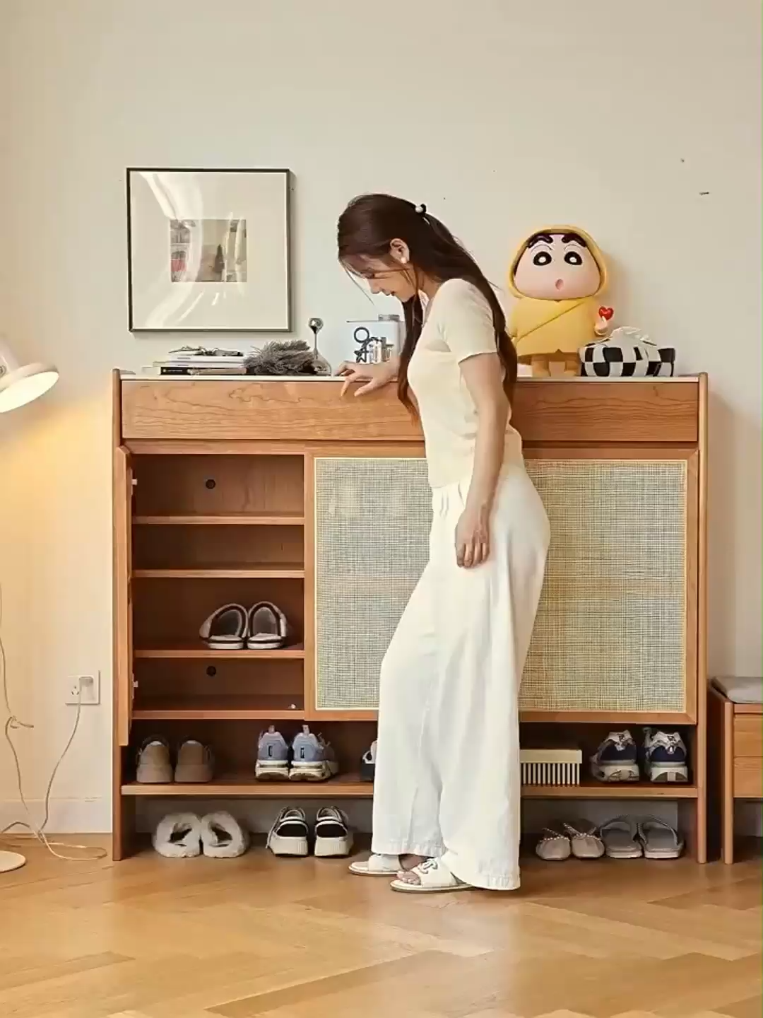 チェリー材 大容量ラタンシューズボックス