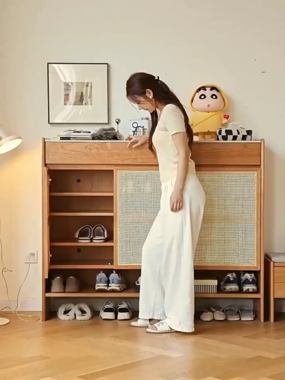 チェリー材 大容量ラタンシューズボックス