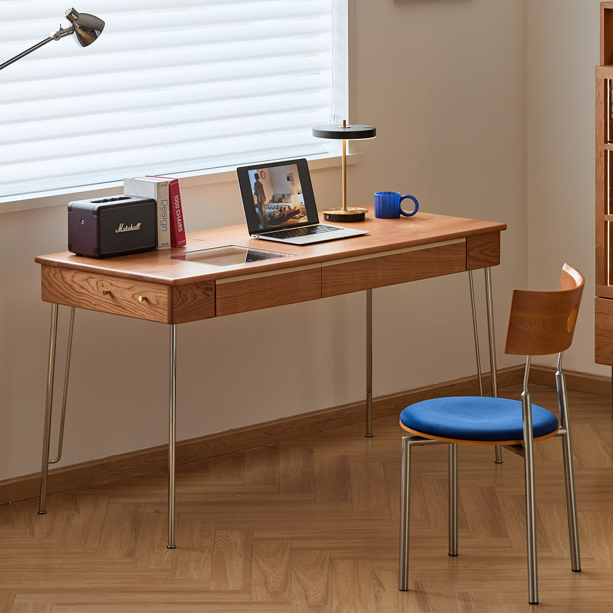 チェリー材 クリアトップワークデスク