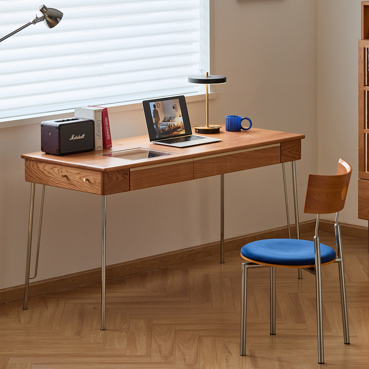 チェリー材 クリアトップワークデスク