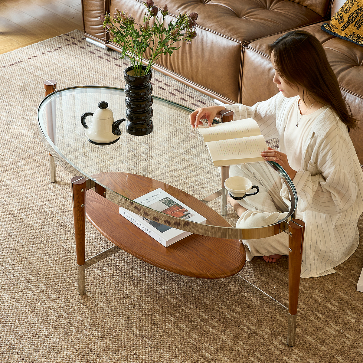 オーバルガラスローテーブル