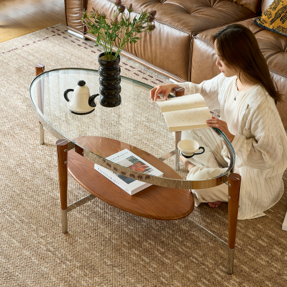 オーバルガラスローテーブル