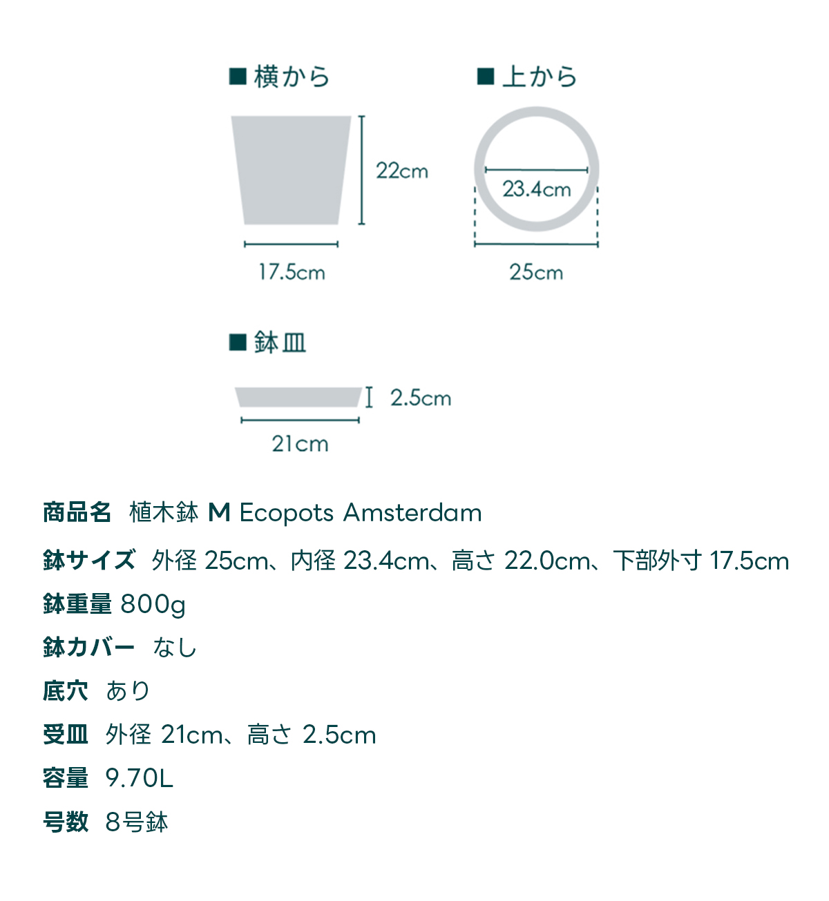 商品名 植木鉢 M Ecopots Oslo 鉢サイズ 外径 25cm、内径 23.1cm、高さ 21.8cm, 下部外寸 12.5cm 鉢重量 1200g 鉢カバー なし 底穴 あり 受皿外径 21cm、高さ 2.5cm 容量 7.70L 号数 8号鉢