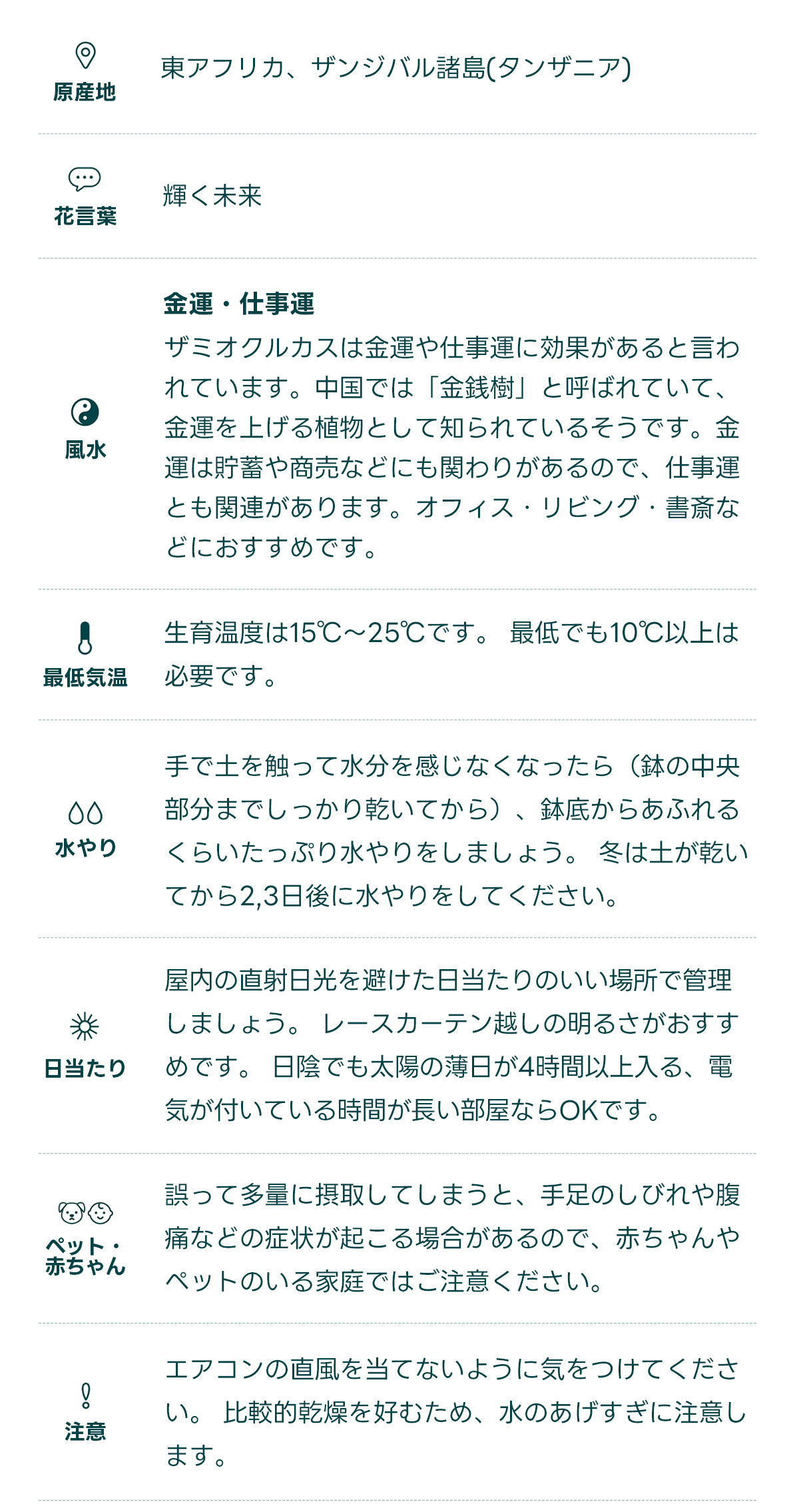 原産地 東アフリカ、ザンジバル諸島(タンザニア)   花言葉 輝く未来   風水 金運・仕事運 ザミオクルカスは金運や仕事運に効果があると言われています。中国では「金銭樹」と呼ばれていて、金運を上げる植物として知られているそうです。金運は貯蓄や商売などにも関わりがあるので、仕事運とも関連があります。オフィス・リビング・書斎などにおすすめです。   最低気温 生育温度は15℃〜25℃です。 最低でも10℃以上は必要です。   水やり 手で土を触って水分を感じなくなったら（鉢の中央部分までしっかり乾いてから）、鉢底からあふれるくらいたっぷり水やりをしましょう。 冬は土が乾いてから2,3日後に水やりをしてください。   日当たり 屋内の直射日光を避けた日当たりのいい場所で管理しましょう。 レースカーテン越しの明るさがおすすめです。 日陰でも太陽の薄日が4時間以上入る、電気が付いている時間が長い部屋ならOKです。   ペット・ 赤ちゃん 誤って多量に摂取してしまうと、手足のしびれや腹痛などの症状が起こる場合があるので、赤ちゃんやペットのいる家庭ではご注意ください。   注意 エアコンの直風を当てないように気をつけてください。 比較的乾燥を好むため、水のあげすぎに注意します。