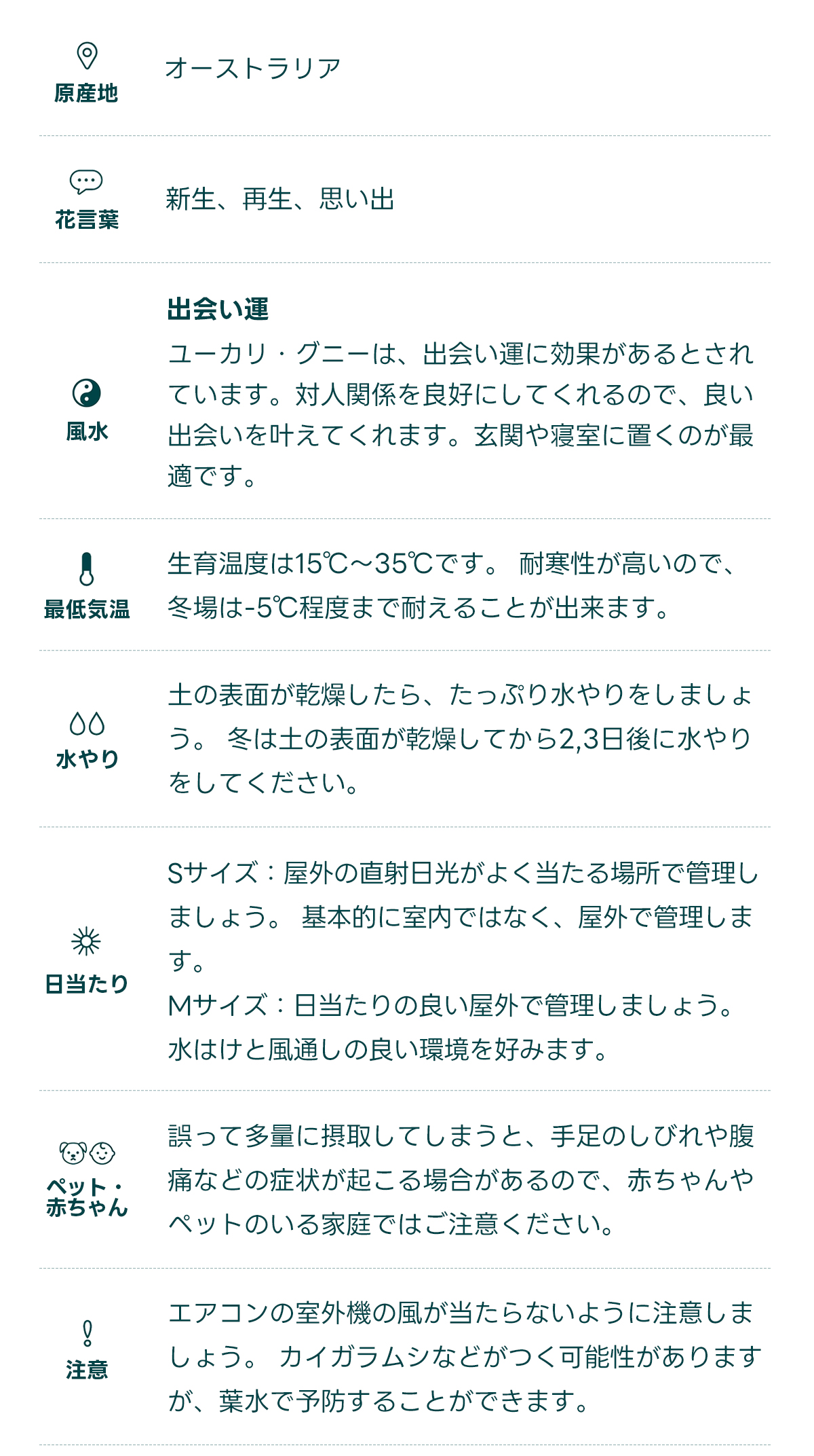 原産地 オーストラリア   花言葉 新生、再生、思い出   風水 出会い運 ユーカリ・グニーは、出会い運に効果があるとされています。対人関係を良好にしてくれるので、良い出会いを叶えてくれます。玄関や寝室に置くのが最適です。   最低気温 生育温度は15℃〜35℃です。 耐寒性が高いので、冬場は-5℃程度まで耐えることが出来ます。   水やり 土の表面が乾いたらすぐにたっぷりと水をやりましょう。 乾燥が進むと葉がパリパリになるので注意が必要です。   日当たり Sサイズ：屋外の直射日光がよく当たる場所で管理しましょう。 基本的に室内ではなく、屋外で管理します。 Mサイズ：日当たりの良い屋外で管理しましょう。 水はけと風通しの良い環境を好みます。   ペット・ 赤ちゃん 誤って多量に摂取してしまうと、手足のしびれや腹痛などの症状が起こる場合があるので、赤ちゃんやペットのいる家庭ではご注意ください。   注意 エアコンの室外機の風が当たらないように注意しましょう。 カイガラムシなどがつく可能性がありますが、葉水で予防することができます。