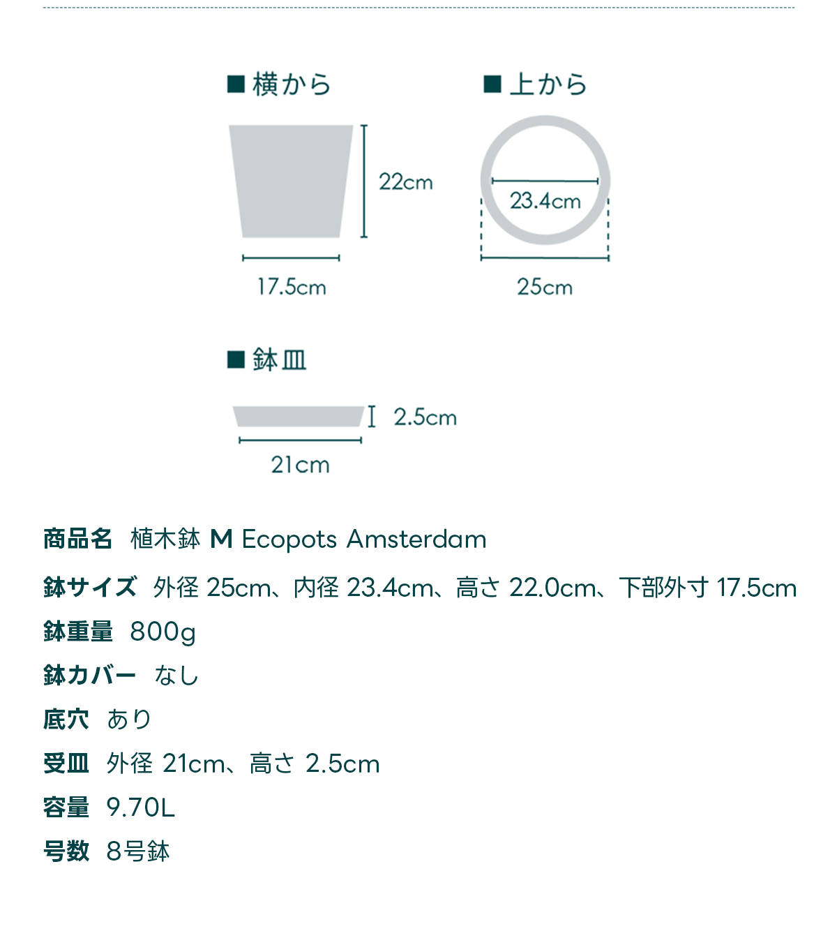 商品名 植木鉢 M Ecopots Oslo 鉢サイズ 外径 25cm、内径 23.1cm、高さ 21.8cm, 下部外寸 12.5cm 鉢重量 1200g 鉢カバー なし 底穴 あり 受皿外径 21cm、高さ 2.5cm 容量 7.70L 号数 8号鉢