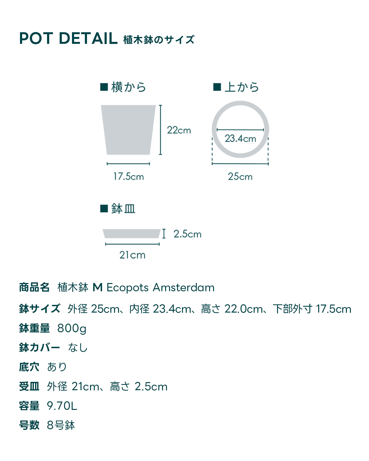 POT DETAIL植木鉢のサイズ 商品名 植木鉢 M Ecopots Oslo 鉢サイズ 外径 25cm、内径 23.1cm、高さ 21.8cm, 下部外寸 12.5cm 鉢重量 1200g 鉢カバー なし 底穴 あり 受皿外径 21cm、高さ 2.5cm 容量 7.70L 号数 8号鉢