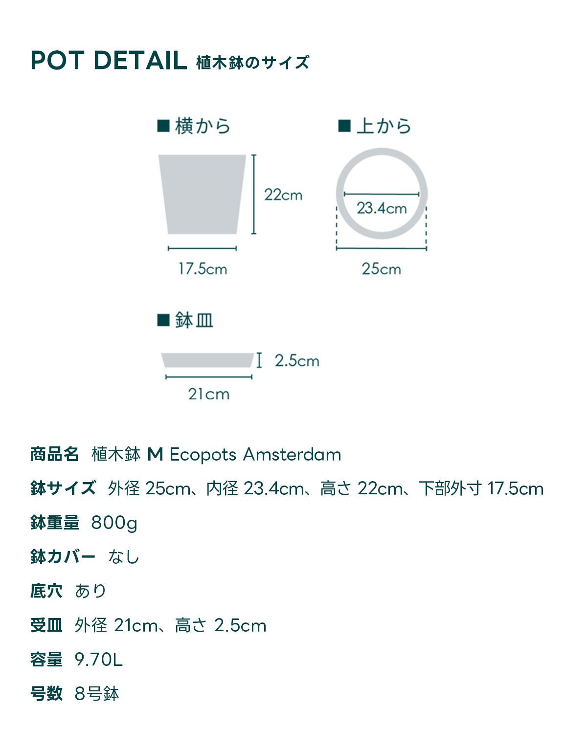 POT DETAIL植木鉢のサイズ 商品名 植木鉢 M Ecopots Oslo 鉢サイズ 外径 25cm、内径 23.1cm、高さ 21.8cm, 下部外寸 12.5cm 鉢重量 1200g 鉢カバー なし 底穴 あり 受皿外径 21cm、高さ 2.5cm 容量 7.70L 号数 8号鉢