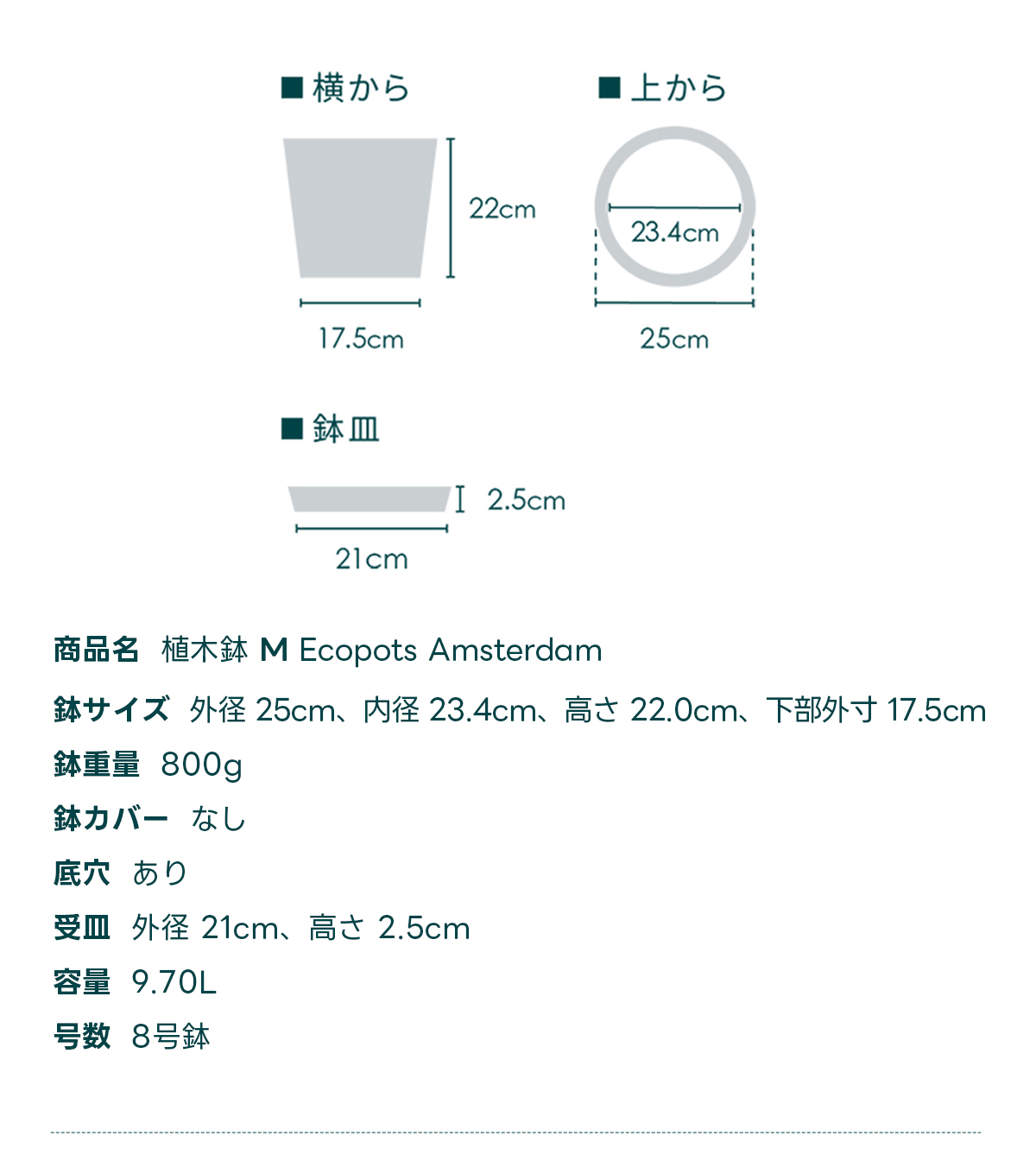 商品名 植木鉢 M Ecopots Oslo 鉢サイズ 外径 25cm、内径 23.1cm、高さ 21.8cm, 下部外寸 12.5cm 鉢重量 1200g 鉢カバー なし 底穴 あり 受皿外径 21cm、高さ 2.5cm 容量 7.70L 号数 8号鉢