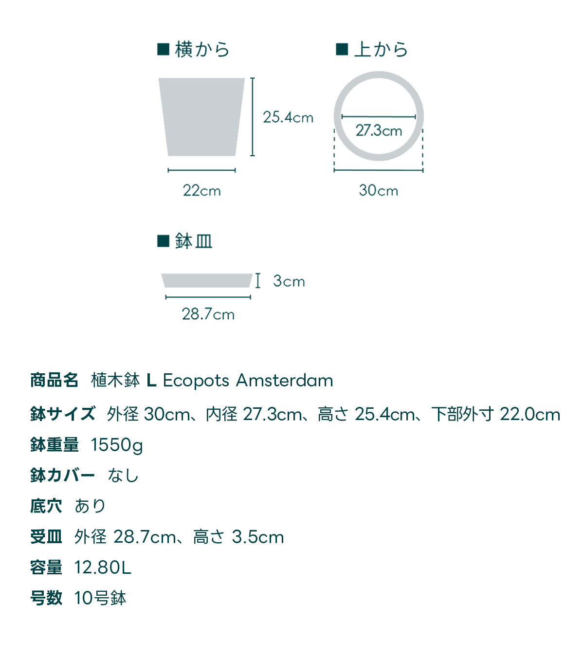 商品名 植木鉢 L Ecopots Amsterdam 鉢サイズ 外径 30cm、内径 27.3cm、高さ 25.4cm, 下部外寸 22.0cm 鉢重量 1550g 鉢カバー なし 底穴 あり 受皿外径 28.7cm、高さ 3.5cm 容量 12.80L 号数 10号鉢