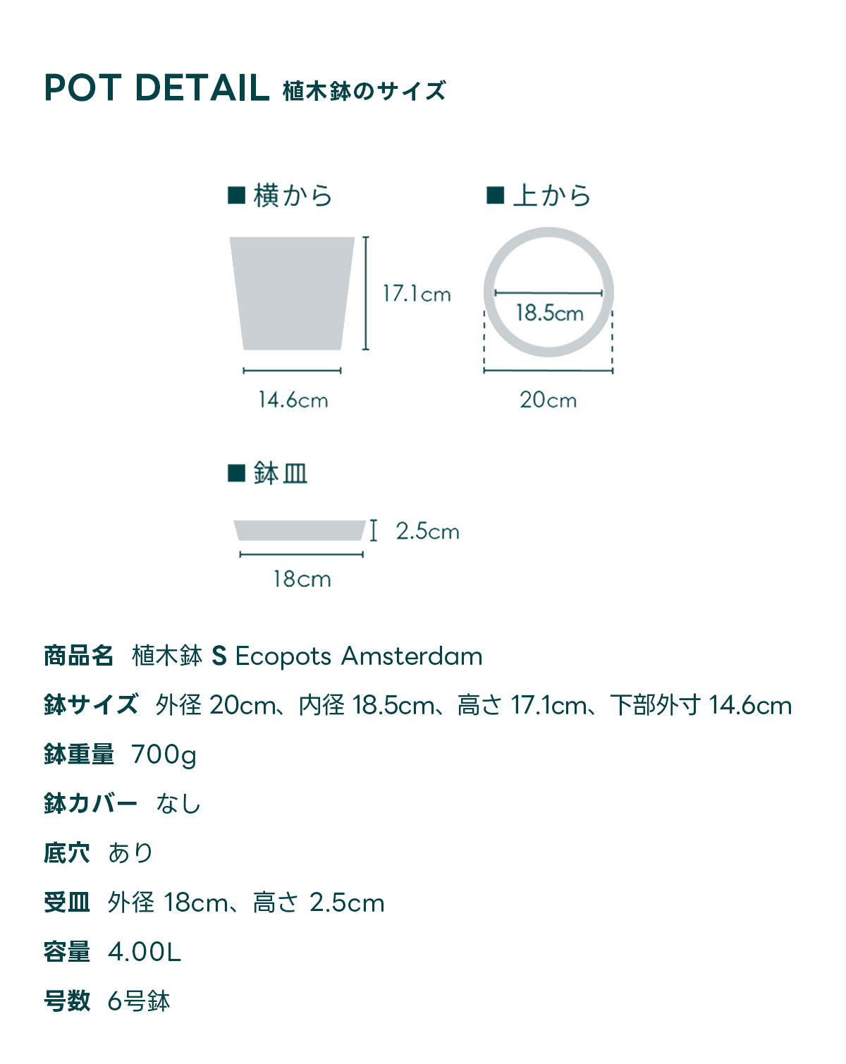POT DETAIL植木鉢のサイズ  商品名 植木鉢 S Ecopots Amsterdam 鉢サイズ 外径 20cm、内径 18.5cm、高さ 17.1cm, 下部外寸 14.6cm 鉢重量 700g 鉢カバー なし 底穴 あり 受皿外径 18cm、高さ 2.5cm 容量 4.00L 号数 6号鉢
