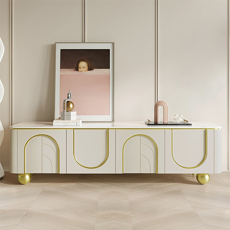 モダンホワイトゴールドTVボード | アーチ装飾が映える優雅なスタイル