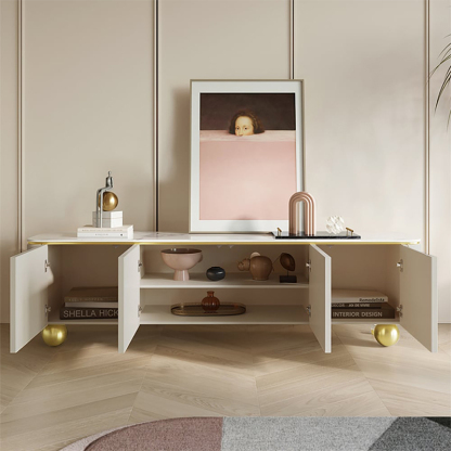 モダンホワイトゴールドTVボード | アーチ装飾が映える優雅なスタイル