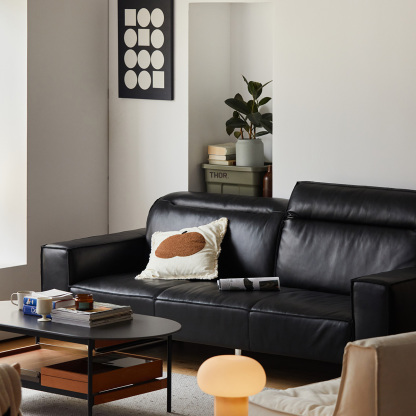 ステンレス脚本革ブラッククッションソファ【カスタマイズ可】