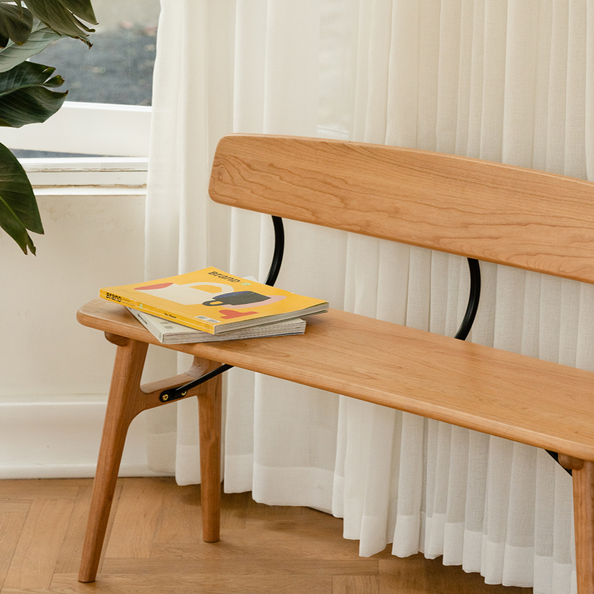 Woody Prime Cherry 背付き角丸チェリーウッドダイニングベンチ | 木目