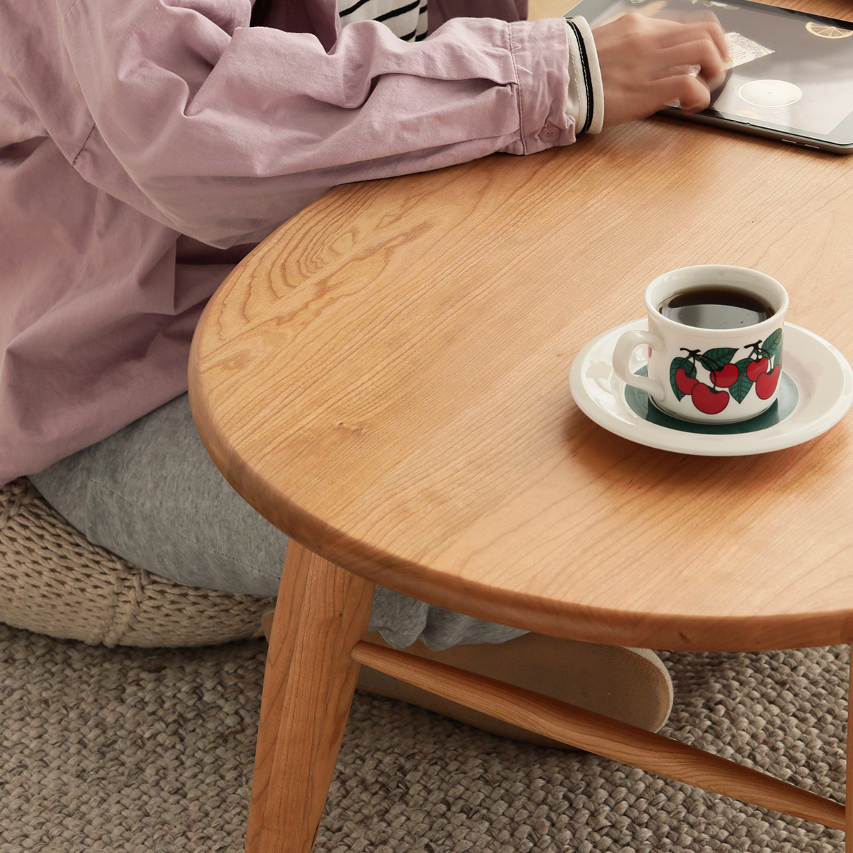 引き出し付き楕円形ウッドセンターテーブル