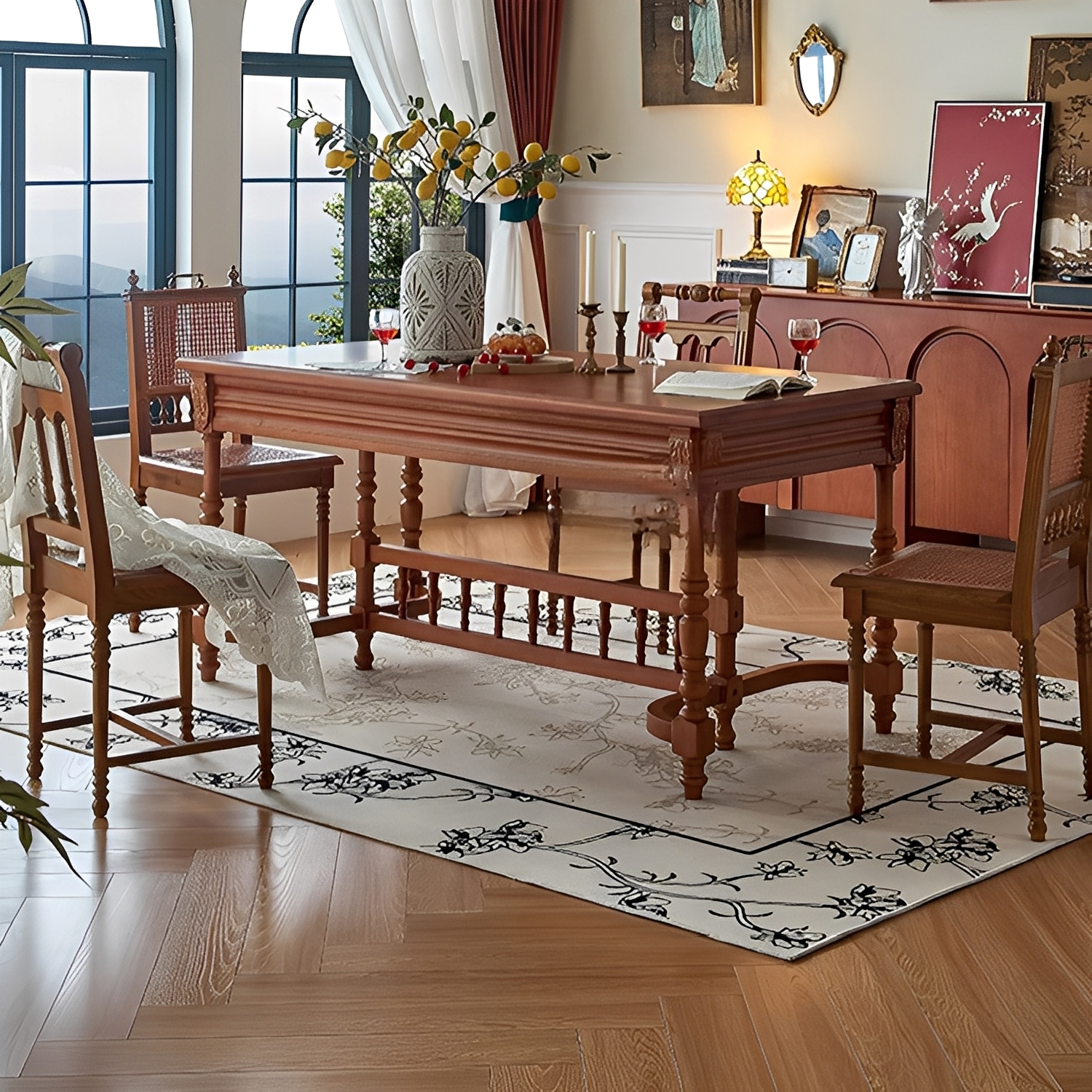 アンティーク風 木製テーブル 絵画装飾×2 クラシックデザインダイニングテーブル | 彫刻の陰影が美しい正統派