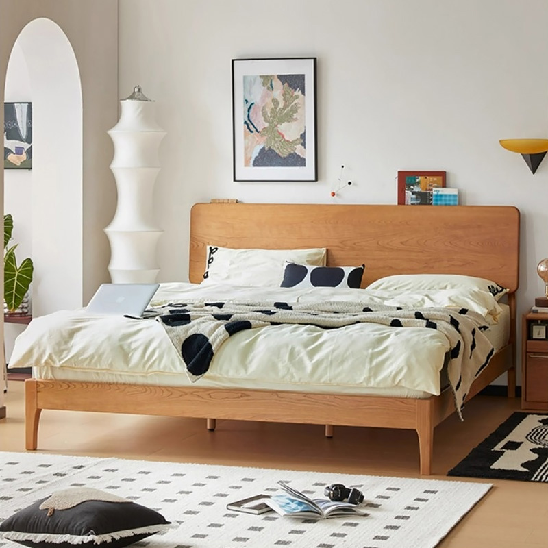 チェリー材 可調式ヘッドボード付きベッド