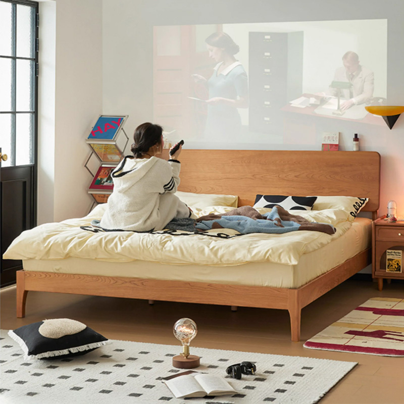 チェリー材 可調式ヘッドボード付きベッド