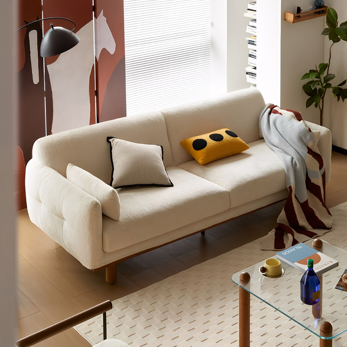 チェリー材 木製脚部 シェニールホワイトソファ【カスタマイズ可】