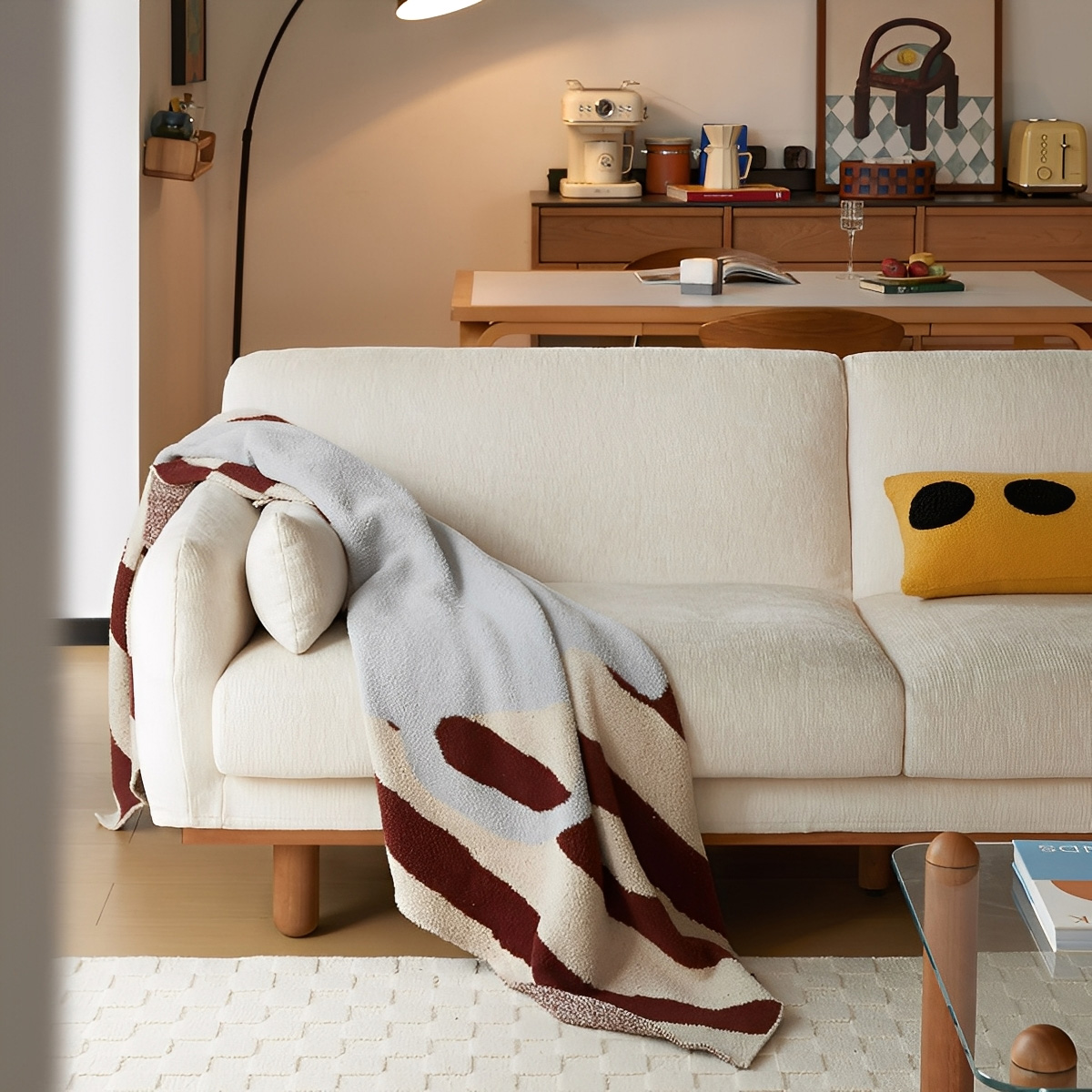 チェリー材 木製脚部 シェニールホワイトソファ【カスタマイズ可】