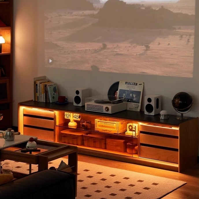 チェリー材 LEDライト付きブラウンガラステレビボード