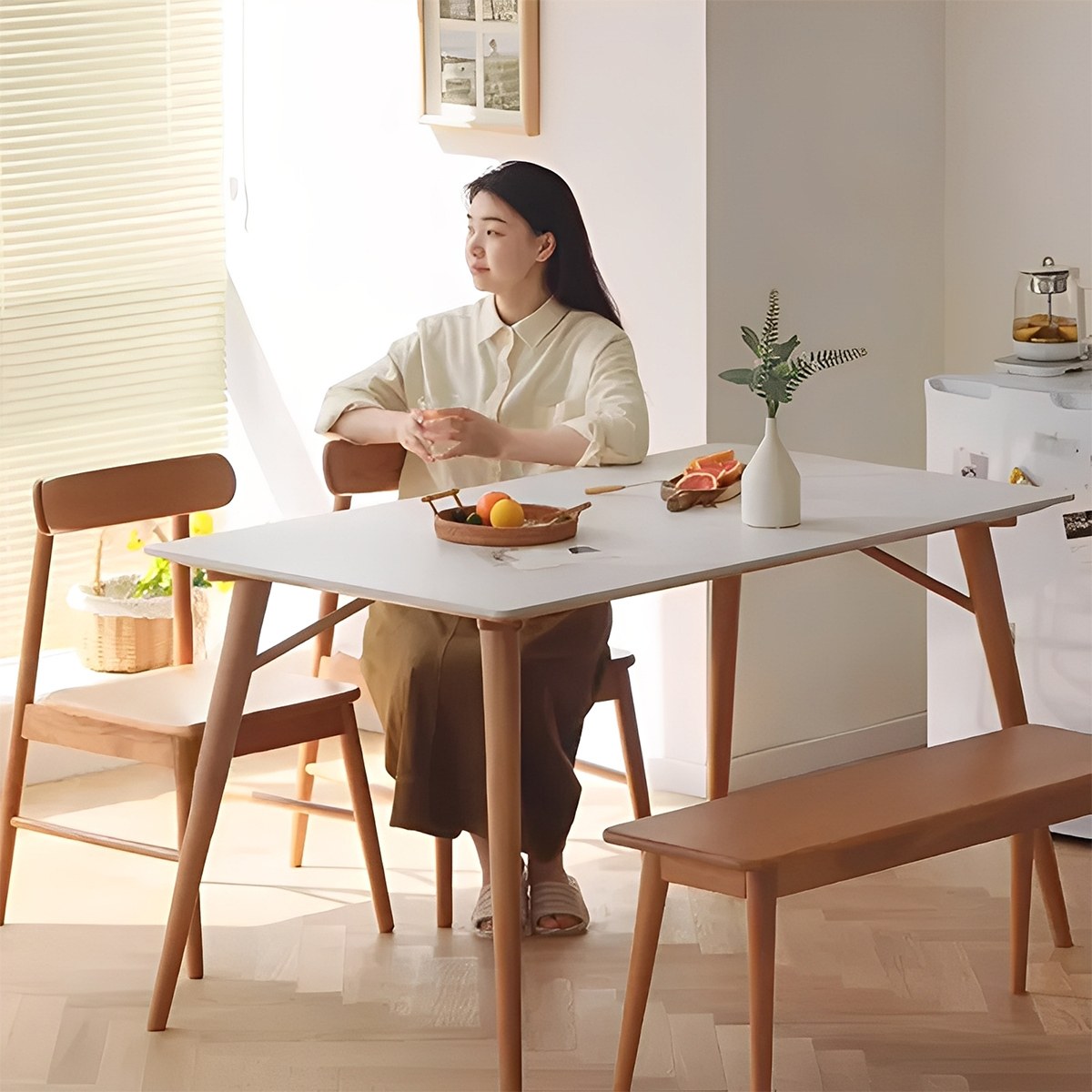 チェリー材 シンプル天然木ダイニングテーブル