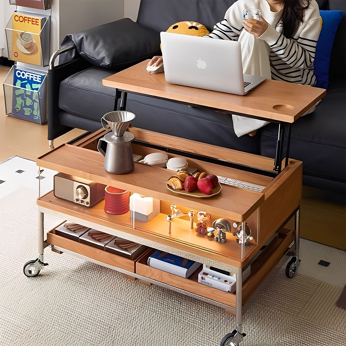【OUTLET品】Woody Prime Cherryマルチファンクションローテーブル【高級天然チェリー材】