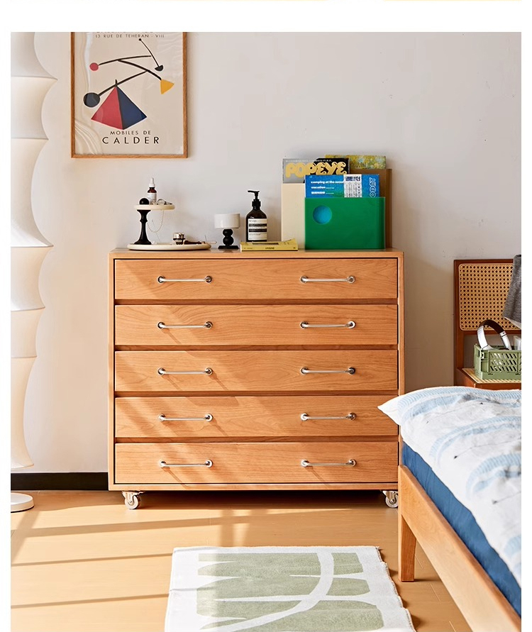 チェリー材 キャスター付き5段チェスト | 美しい木目と耐久性を