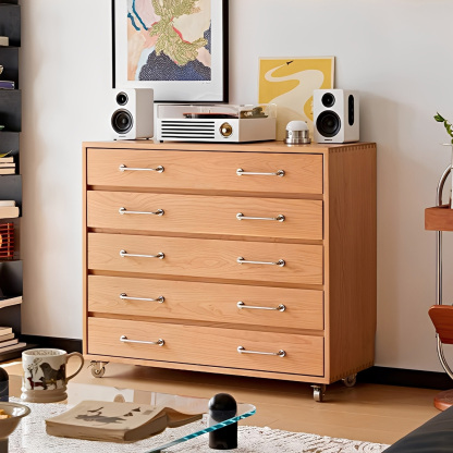 チェリー材 キャスター付き5段チェスト