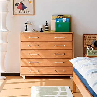 チェリー材 キャスター付き5段チェスト | 美しい木目と耐久性を