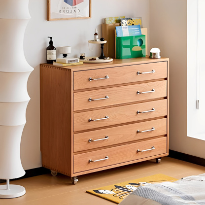 チェリー材 キャスター付き5段チェスト | 美しい木目と耐久性を