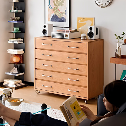 チェリー材 キャスター付き5段チェスト | 美しい木目と耐久性を