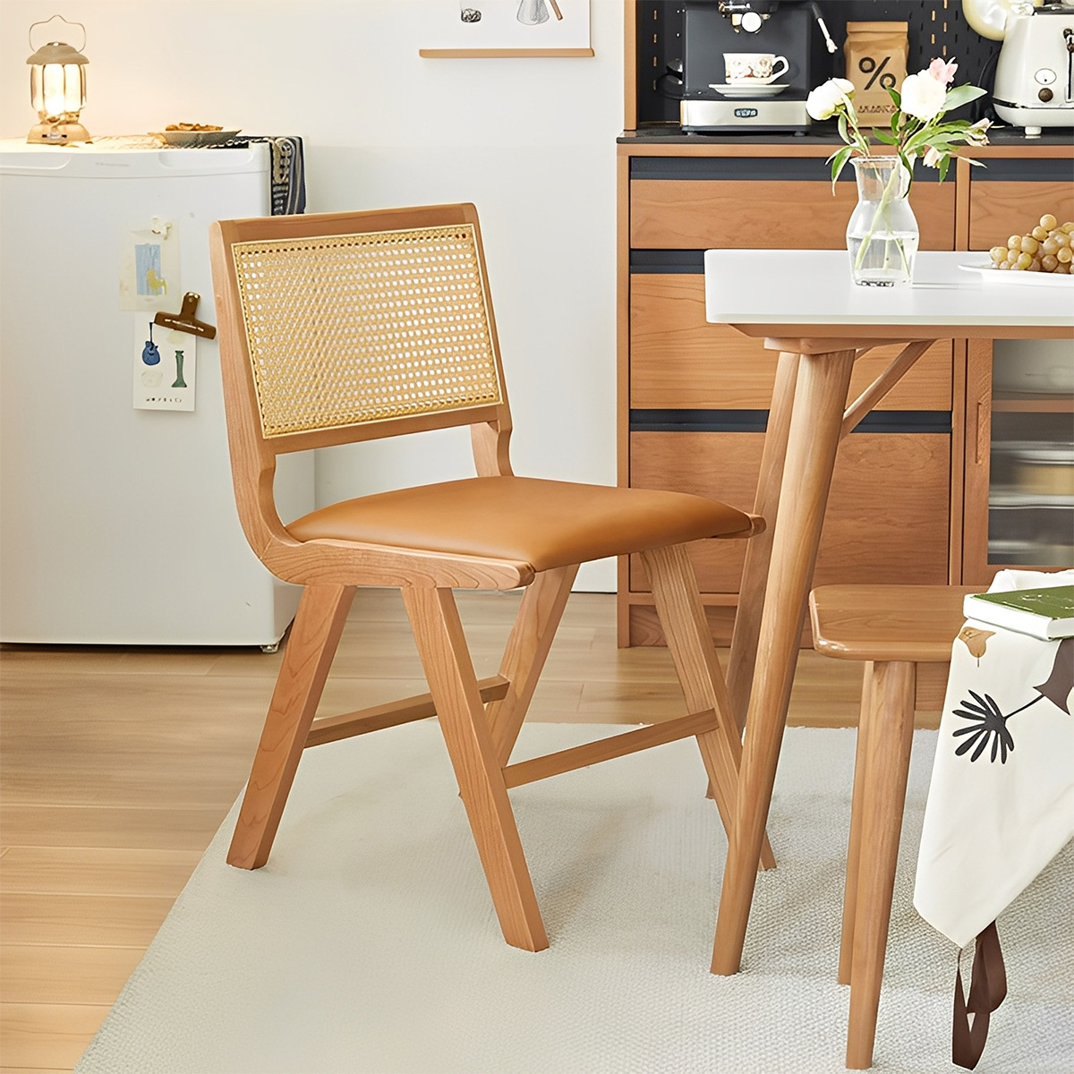 ラタン×レザー異素材ウッドチェア