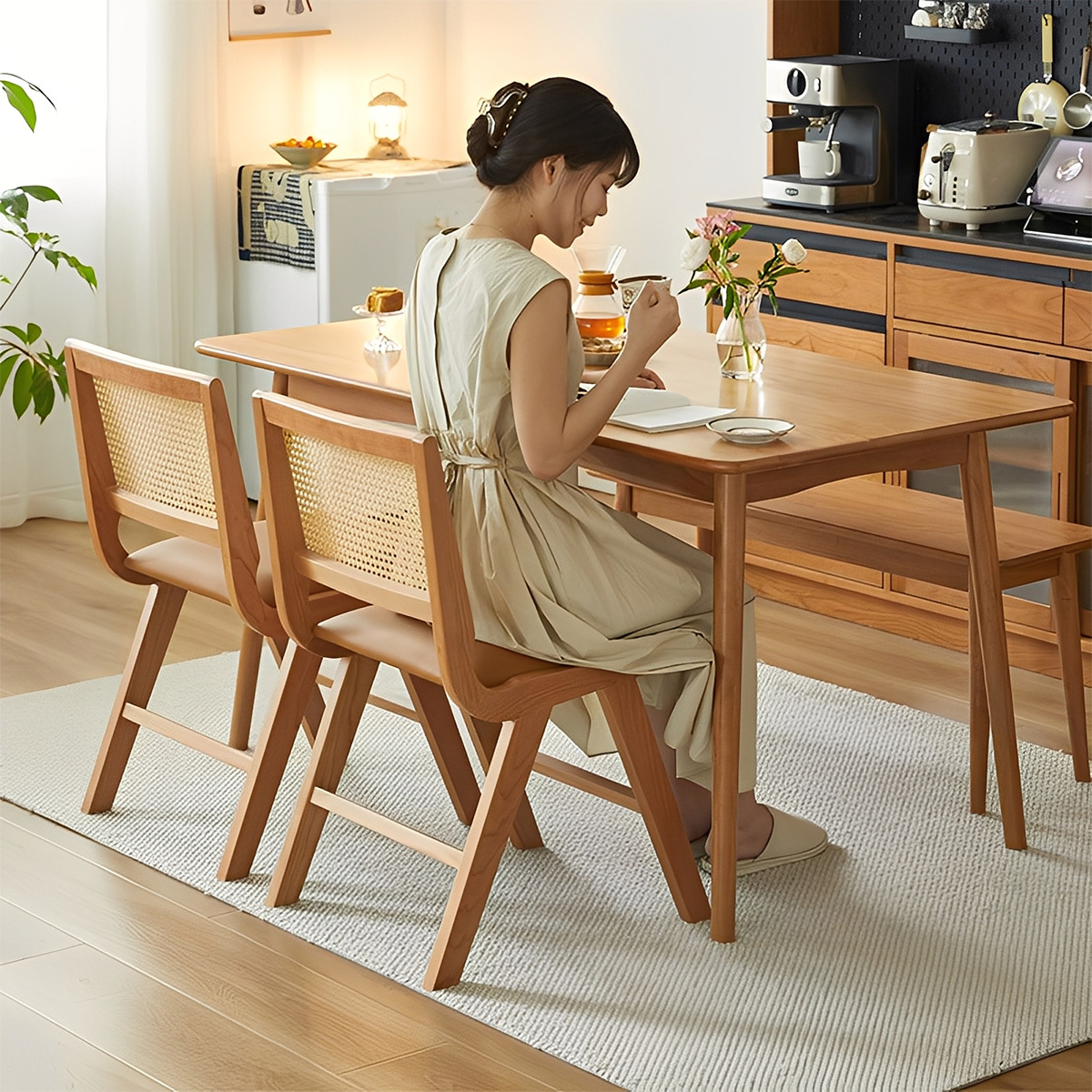 ラタン×レザー異素材ウッドチェア