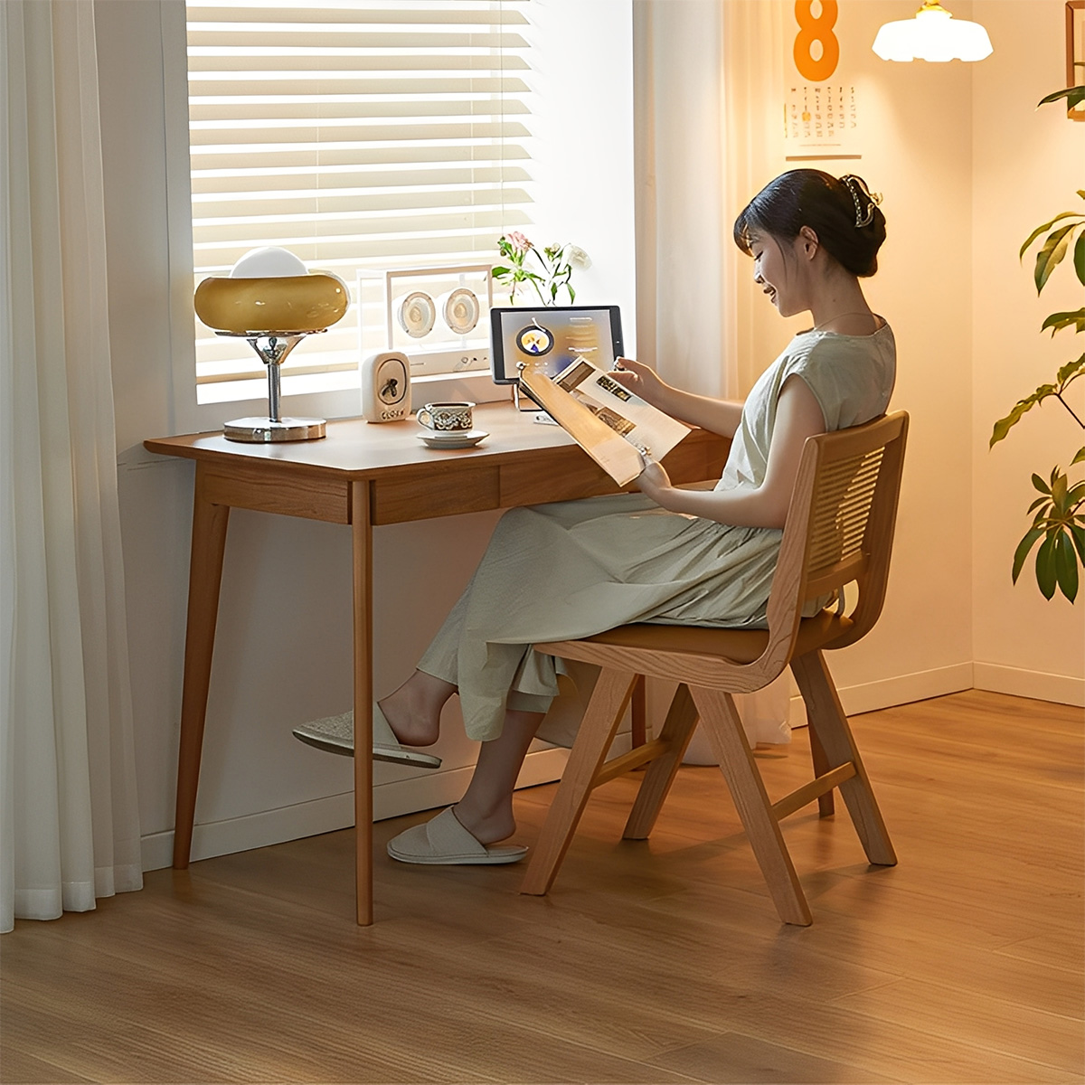 ラタン×レザー異素材ウッドチェア | 北米産チェリー材使用の高級感ある