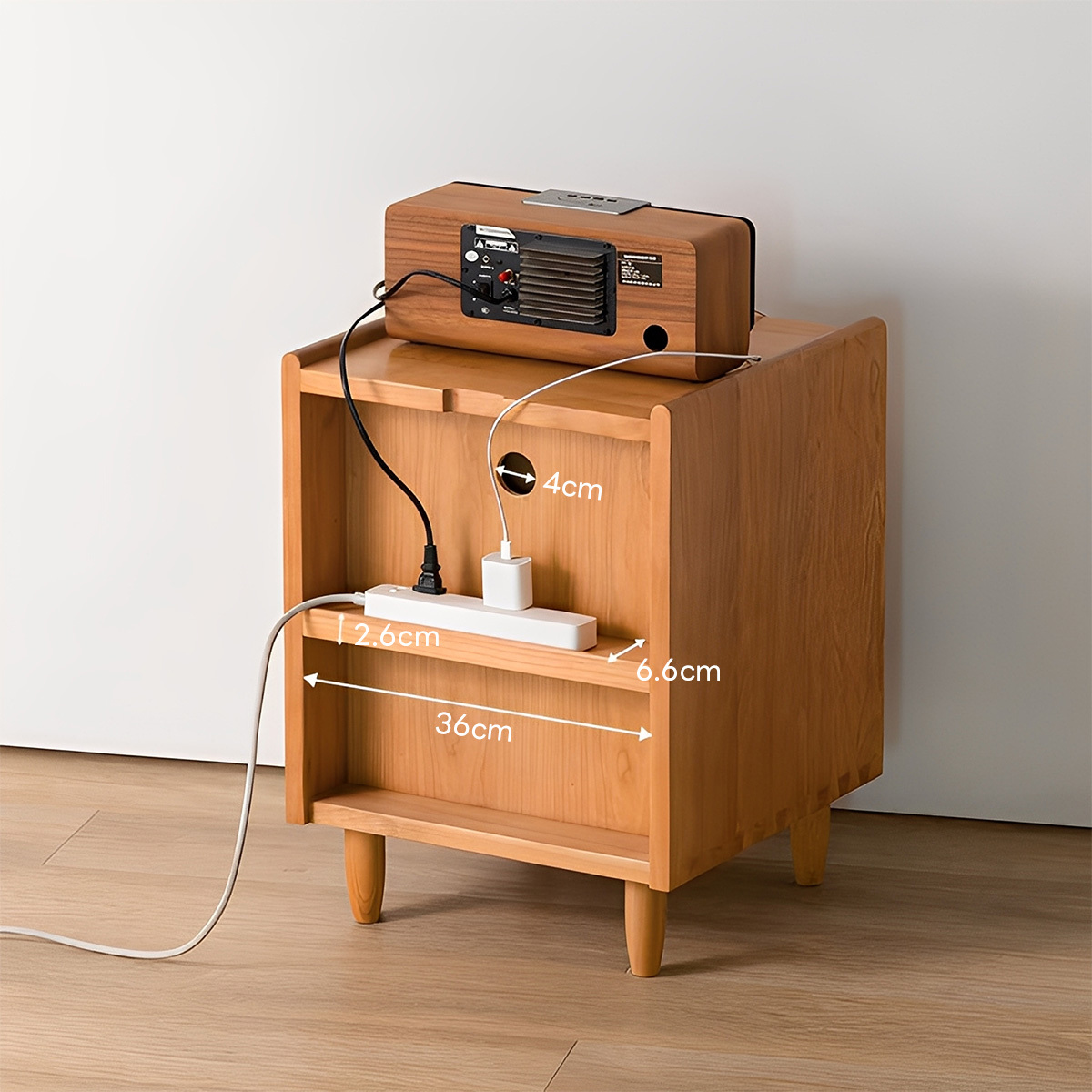 リブガラスチェリー材ベッドサイドキャビネット